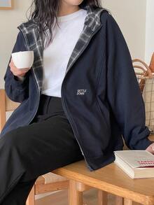 Dazy Plus Thermal Lined Thick Hooded Colorblock Plaid Design Fun Commute Korean Style Loose Fit Spring Autumn New Jacket - Navy Blue - View 3