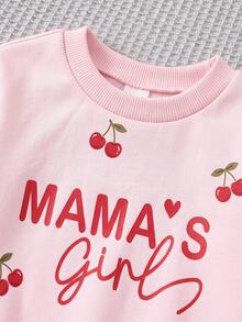 SHEIN 2pcs/Set Cute Cherry Pattern Sweatshirt & Elastic Waist Long Pants Outfit For Baby Girls - Pink - View 7