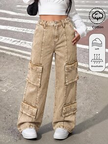 SHEIN 青少年女孩卡其色寬鬆版型工裝牛仔長褲 - 卡其色 - 查看 3