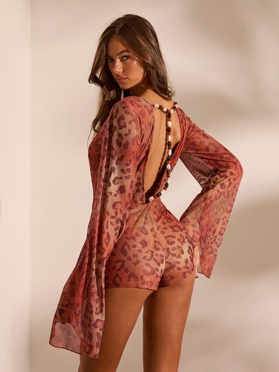 Opulessa Women's Leopard Print Deep V-Neck Flare Sleeve Sexy Romper