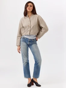 KÆRIA Hus 女款條紋蝙蝠袖長袖單排扣休閒夾克 - 米色 - 查看 4