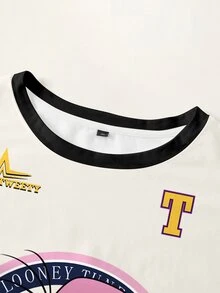 LOONEY TUNES X SHEIN Plus Size Letter Cartoon Print Casual Daily T-Shirt - White - View 3