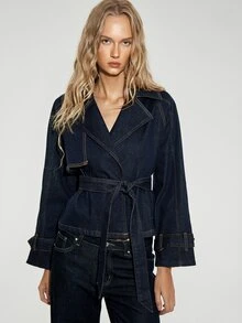 ATUI Studio Jaket Denim Kasual Serbaguna untuk Wanita dengan Tali Pinggang untuk Pemakaian Sehari-hari - Dark Wash - View 1
