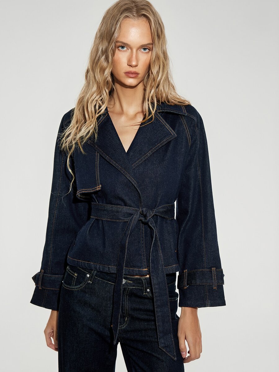 ATUI Studio Jaket Denim Kasual Serbaguna untuk Wanita dengan Tali Pinggang untuk Pemakaian Sehari-hari - Dark Wash - View 1