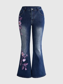 ROMWE Hippie Plus Size Women's Casual Daily Flare Jeans With Pocket, Button And Floral Embroidery Pattern - Blue - View 1
