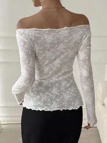 DAZY Women's Square Neck Lace Top Sexy Casual T-Shirt Fall - White - View 3