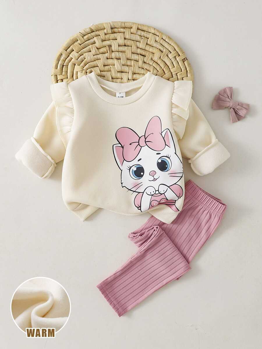 SHEIN 3件組女嬰衛衣打底褲套裝,可愛甜美杏粉色貓咪圖案蝴蝶結荷葉邊長袖圓領加厚冬季毛絨生日裝 - 白色 - 查看 1