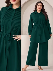 Modelyn 大尺碼女款純色百褶長袖上衣與長褲休閒日常兩件套 - 墨綠色 - 查看 1