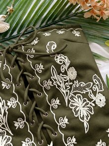 Soleia 女款度假休閒花卉刺繡交叉綁帶抹胸上衣 - 軍綠色 - 查看 5
