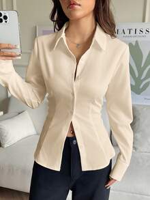 SHEIN EZwear 100%純棉杏色女款休閒百搭前扣式後收腰修身長袖襯衫，適合秋冬穿著 - 杏色 - 查看 5