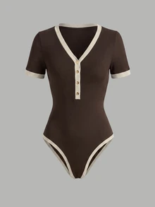 Franclia Women's Plus Size Colorblock V-Neck Short Sleeve Button Design Casual Bodysuit - Brown - View 3