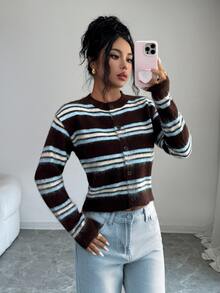 Elenzga Autumn/Winter Korean Vintage Versatile Round Neck Contrast Color Striped Single-Breasted Knit Cardigan Sweater For Women - Coffee Brown - View 6
