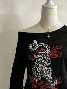 Lalippa 女款露肩寬鬆休閒簡約性感風長袖上衣，適合日常休閒與約會穿著，春/秋季新款時尚虎紋 T-shirt 上衣 - 彩色 - 查看 3