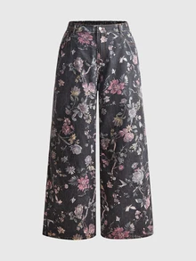 ROMWE Fairycore Versatile Casual Vintage Floral Wide Leg Plus Size Denim Jeans - Black - View 1