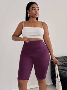 SHEIN PETITE CURVE 大尺碼女款休閒極簡純色內搭褲，適合夏季 - 紫色 - 查看 4