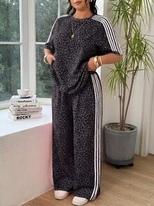 SHEIN EZwear 大尺碼女款豹紋拼色上衣與長褲休閒日常穿搭套裝 - 深灰色 - 查看 6
