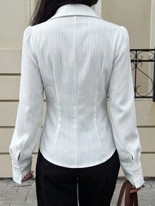 Siren Gaze 女款優雅復古黑白配色盤扣長袖領襯衫，適合辦公室、晚餐與休閒穿著，秋季拿破崙風 - 白色 - 查看 3