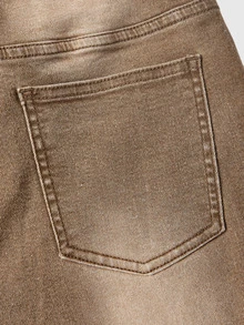 ROMWE Celana Jeans Wanita Model Flare Pinggang Rendah Bergaya Hippie Vintage Warna Cokelat dengan Efek Sobek dan Motif Cetak - Coklat - View 4