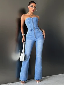 Flexra Petite Women's Fashion Zipper Front Strapless Denim Jumpsuit - Light Wash - View 3