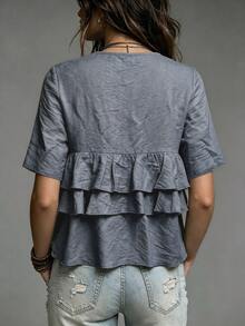SHEIN Fiorisel Women's Casual Vacation Style Ruffle Hem Blouse - Dusty Blue - View 2