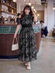 Bijouette Zanying 夏季大尺碼黑白水墨印花露肩收腰洋裝 126cm 抓皺領口泡泡袖 海軍藍 優雅正式 - 黑色 - 查看 5
