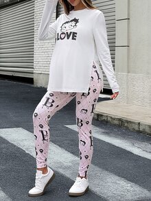Lyckli Betty Boop x SHEIN Maternity Cartoon Print Split Hem T-Shirt And Adjustable Waist Fitted Leggings 2 Pieces Set - Pink - View 6