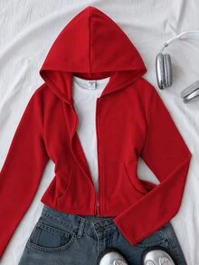 Tween Girl Autumn/Winter New Light Gray Zip-Up Knit Sweatshirt - Red - View 1