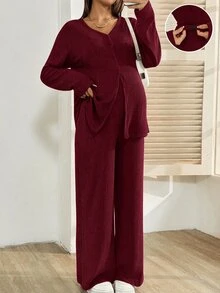 SHEIN 孕婦純色單排扣長袖上衣與可調腰圍長褲休閒兩件套 - 酒紅色 - 查看 1