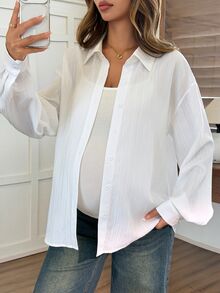 Dazy Maternity 純色寬鬆領口長袖休閒度假韓風春秋孕婦襯衫女式上衣 - 白色 - 查看 5
