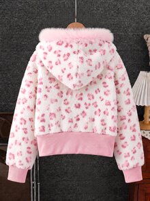 SHEIN Tween女孩甜美印花抓絨內裡連帽人造毛皮夾克 冬季加厚保暖短版毛絨外套 - 粉色 - 查看 2