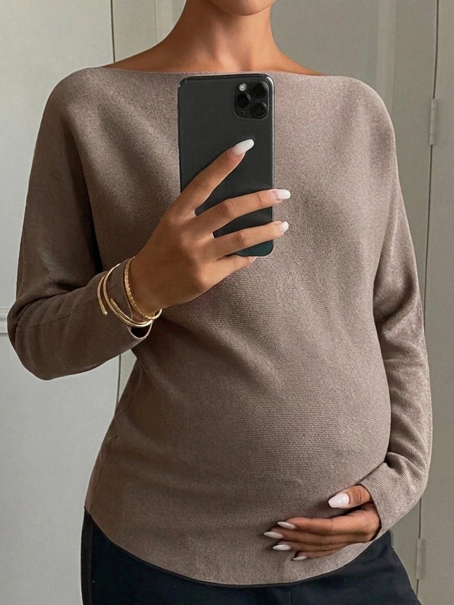 Dazy Maternity 寬鬆素色休閒長袖日常穿著初秋孕婦毛衣 - 卡其色 - 查看 1