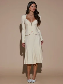 SHEIN BAE Women's Solid Color Long Sleeve Single-Breasted Blazer And Skirt Elegant Suit Set - Apricot - View 3