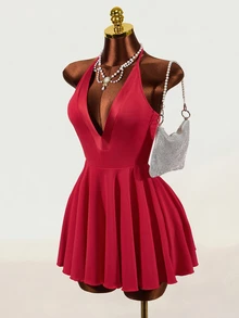Mistrie Women's Halter Neck Deep V-Neck Solid Color Sexy Dress - Red - View 5