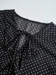 Trelyra Áo blouse nữ nửa xuyên thấu họa tiết chấm bi đen trắng phối bèo, phong cách gợi cảm đi chơi mùa thu - màu đen - Xem 5