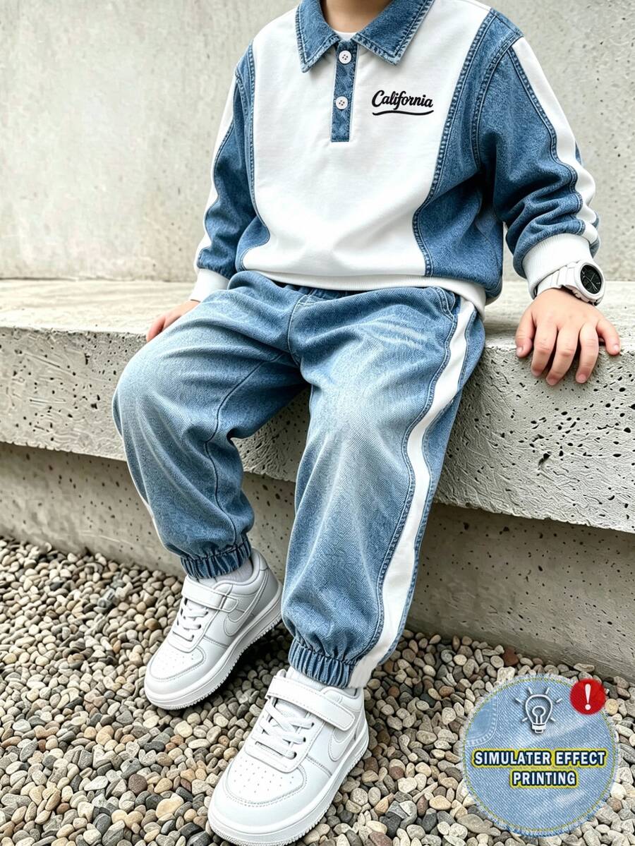 2pcs/Set Boys Casual Polo Sweatshirt And Long Pants Set, Denim Effect Digital Print With Letter Graphic On Chest, Fashionable Casual For Daily, School, Sports Occasions, Autumn/Winter, Ribbed Cuffs For Convenience And Practicality - Blue - View 1