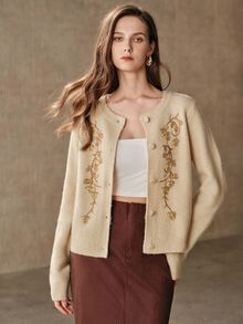 Anewsta Women's Elegant Winter Beaded Embroidery Decorated Knit Cardigan - Camel - View 7