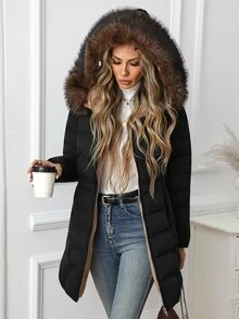SHEIN Clasi معطف شتوي مبطن للنساء من الفرو الصناعي بتصميم مرقع مع بطانية رأس وجيوب - الأسود - مشاهدة 5