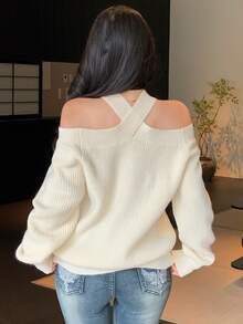 DAZY Autumn/Winter Cross Halter Neck Off Shoulder Loose Elegant Date Party Beige Women Sweater - Beige - View 2