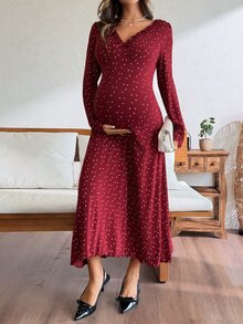DAZY Floral Print Ruched Ruffle Trim Fitted Elastic Long Sleeve V-Neck Casual Vacation Sexy Home Daily Spring Autumn Maternity Dress - Red - View 4