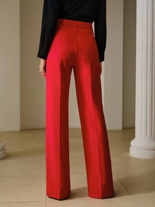 ZEYLAH Fashionable Elegant Commute Solid Color High Waist Straight Leg Pants - Red - View 7
