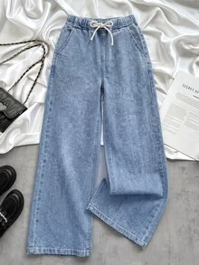 SHEIN Tween Girl Blue Loose Straight Leg Denim Jeans - Blue - View 6