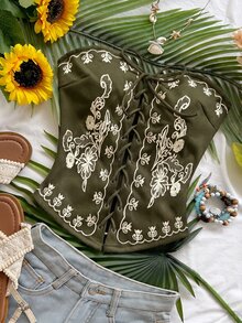 Soleia 女款度假休閒花卉刺繡交叉綁帶抹胸上衣 - 軍綠色 - 查看 3