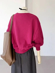 INAWLY 女款拼接條紋襯衫領長袖休閒衛衣 - 玫紅色 - 查看 2