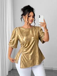 Elenzga Plus Size Women's Elegant Exquisite Gold-Tone Petal Sleeve Side Twist Ruched Slit Pearl Decor Woven Short Sleeve Blouse, Versatile For Daily Wear And Multiple Occasions - Gold - View 6