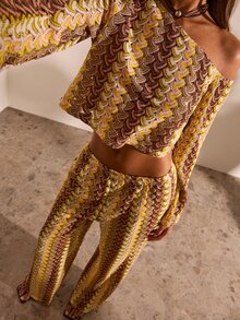 Opulessa Women's Sexy Jacquard Asymmetric Neck Cropped Top And Long Pants 2 Pieces Set - Yellow - View 7