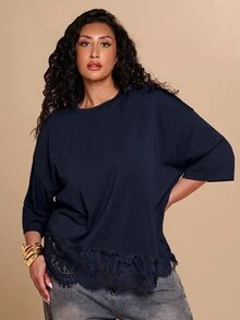 SHEIN BAE CURVE Plus Size Women's Fashion Versatile Lace Patchwork T-Shirt - Navy Blue - View 5