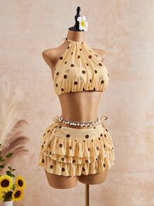 Bellisia 2026SS Spring/Summer Y2K Tropical Cute Retro Beige Polka Dot Print 3 Pieces Women's Swimsuit Set Vacation Beach Pool Party - Multicolor - View 3