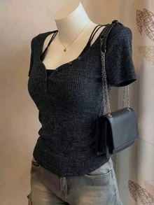 Lalippa 大尺碼女款純色修身百搭休閒日常上衣 - 灰色 - 查看 3