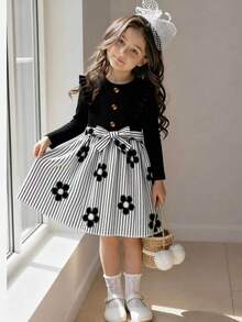 Casuvi Kids Young Girl Preppy Floral Dress, Ruffle Sleeve Stripe Skirt With Bow Fall Party Dress - Black - View 1