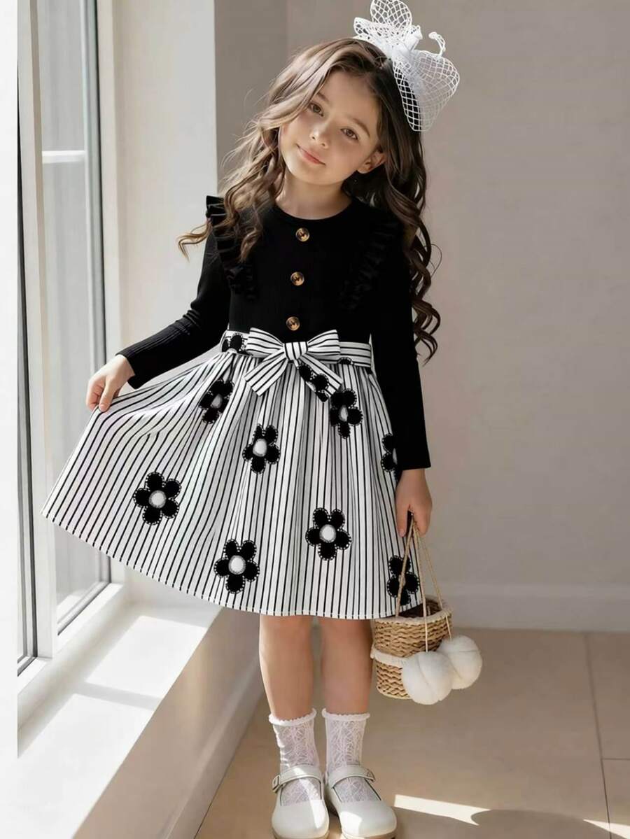 Casuvi Kids Young Girl Preppy Floral Dress, Ruffle Sleeve Stripe Skirt With Bow Fall Party Dress - Black - View 1